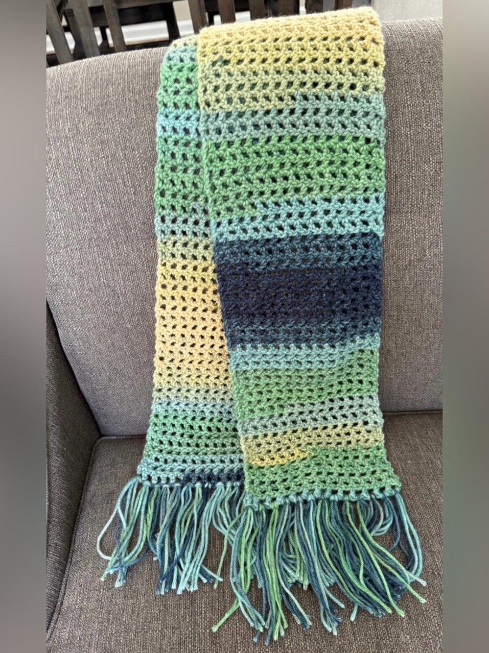 New Gorgeous handmade Colorful, blue, green and taupes Scarf. Warm and cozy